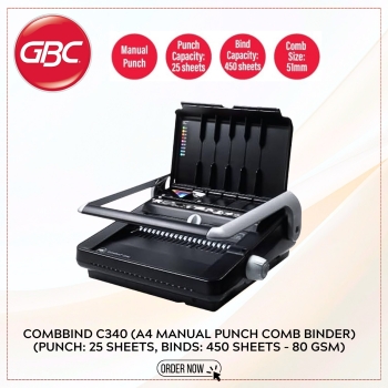 GBC COMBBIND C340 (A4 MANUAL PUNCH COMB BINDER) (PUNCH: 25 SHEETS, BINDS: 450 SHEETS - 80 GSM) 